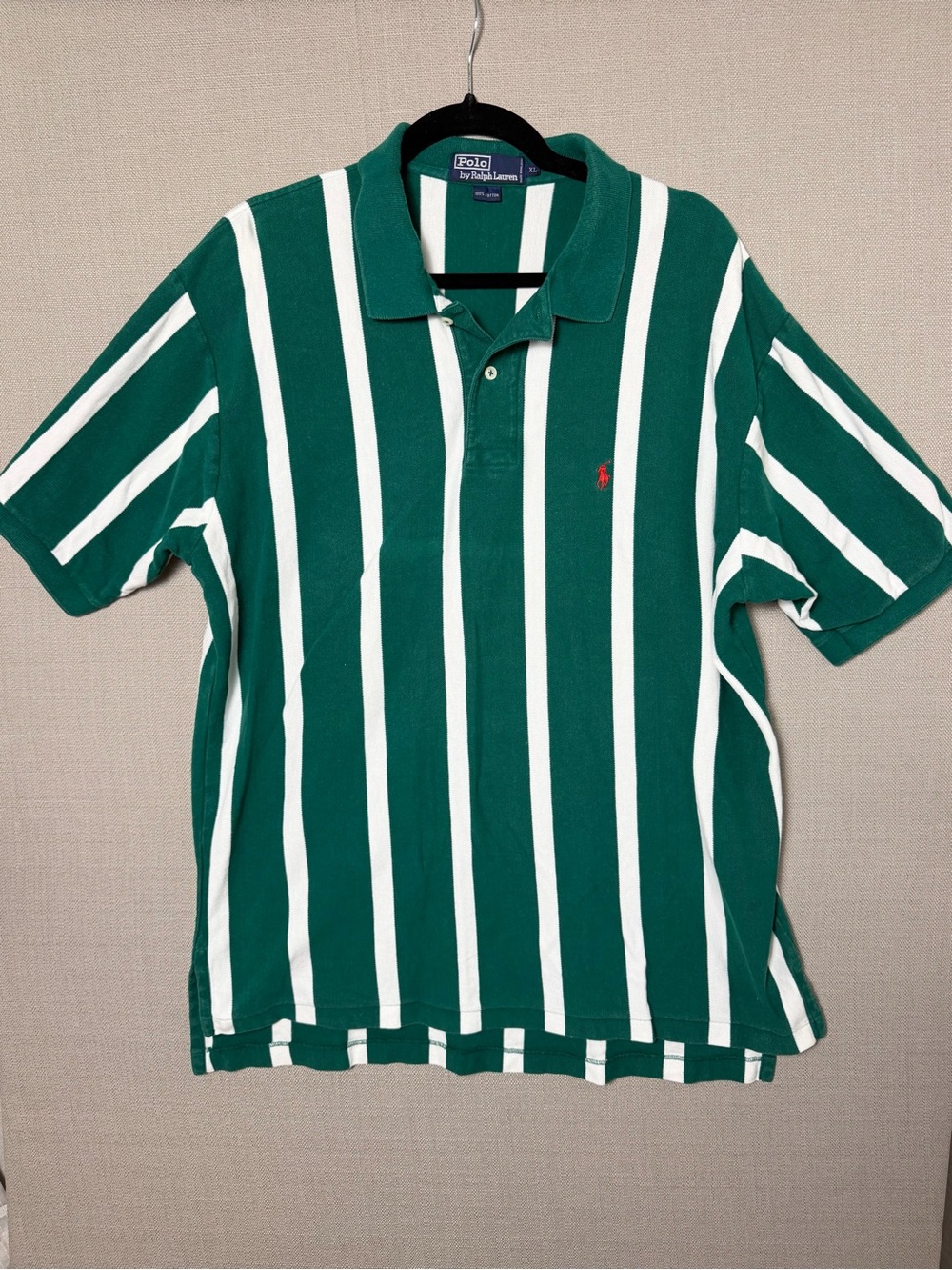 Vintage 90s Polo Ralph Lauren Green White Vertical Stripe Polo, 100% Cotton, XL